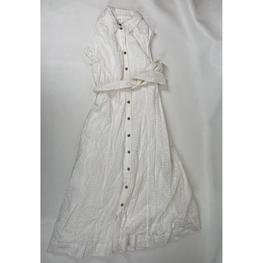 Anne‎ Klein Eyelet Diane Midi Shirt Dress Sleeveless Button Front Size 4 White